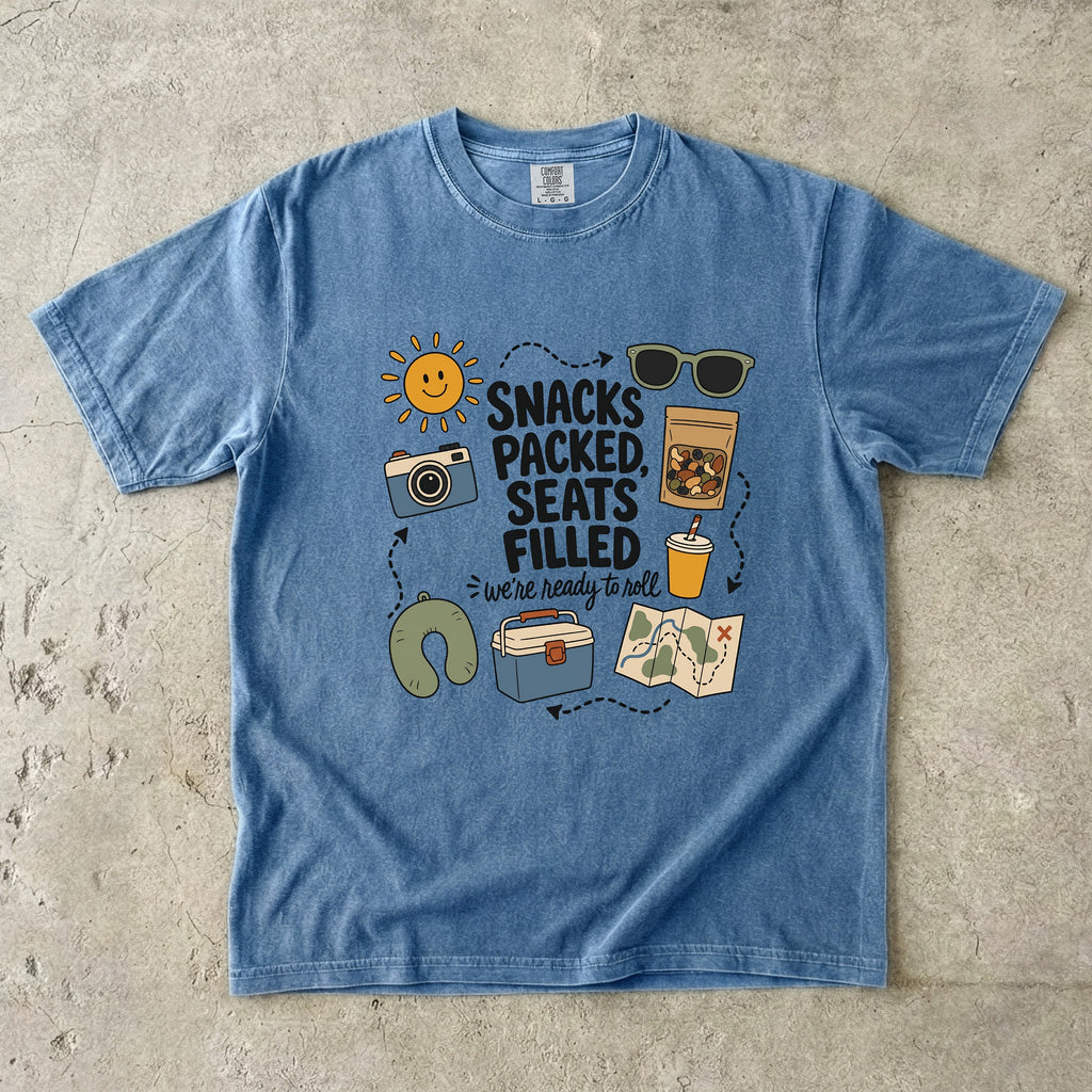 Snacks Packed Seats Filled Road Trip Shirt in Blue Jean – flat lay