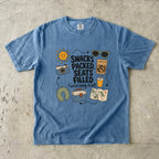 Snacks Packed Seats Filled Road Trip Shirt in Blue Jean – flat lay