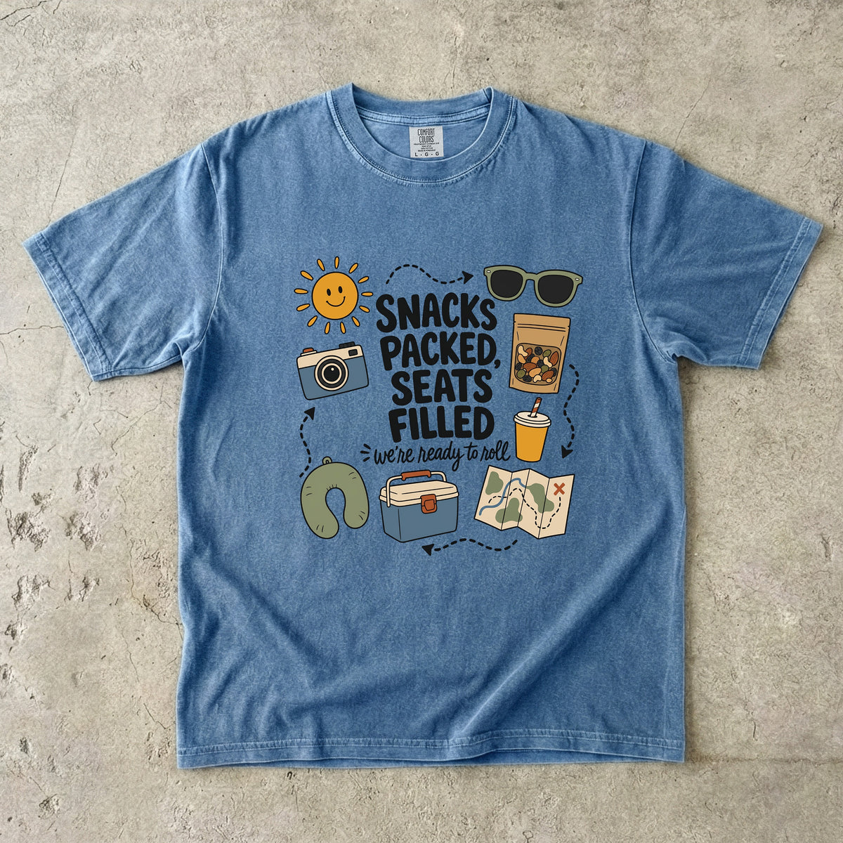 Snacks Packed Seats Filled Road Trip Shirt in Blue Jean – flat lay