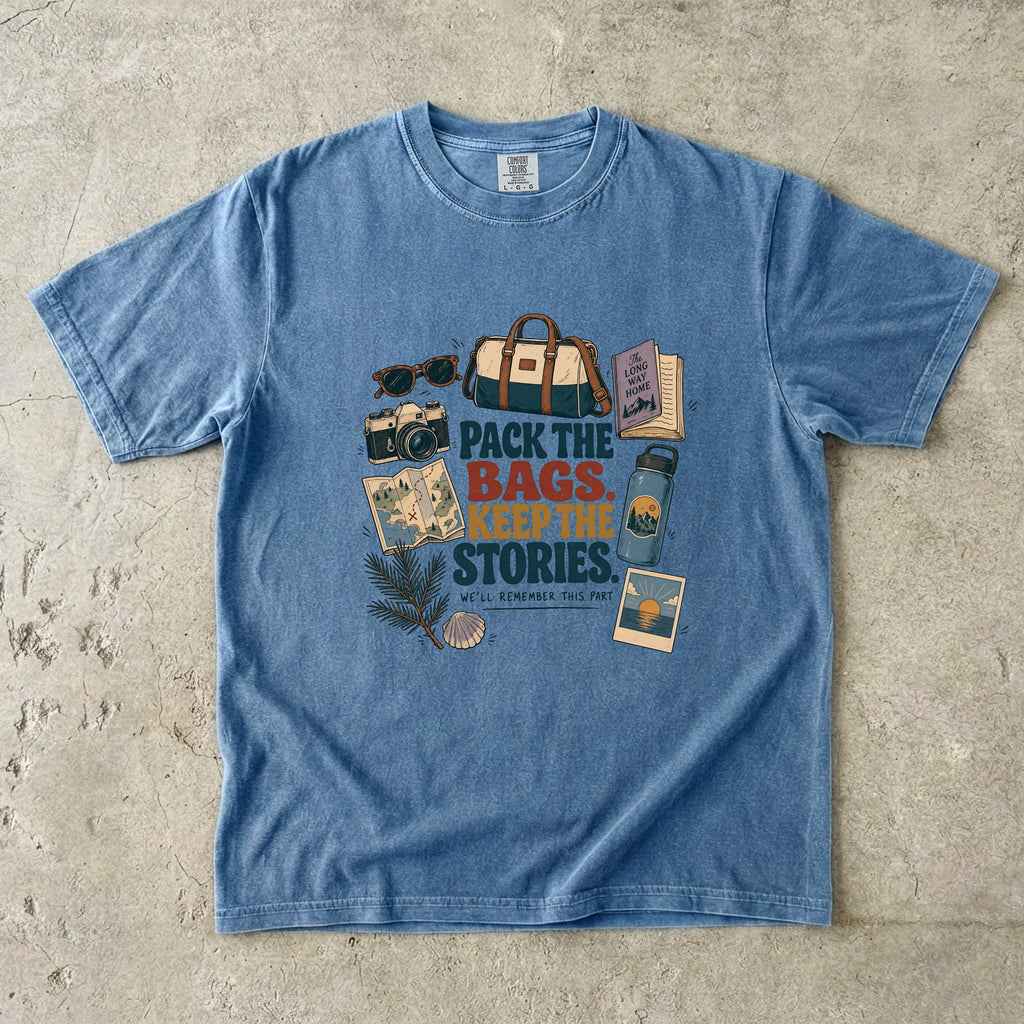Pack the Bags Keep the Stories Family Getaway Shirt in Blue Jean – flat lay