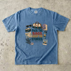 Pack the Bags Keep the Stories Family Getaway Shirt in Blue Jean – flat lay