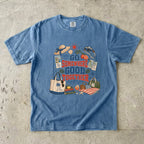 Go Somewhere Good Together Beach Vacation Shirt in Blue Jean – flat lay