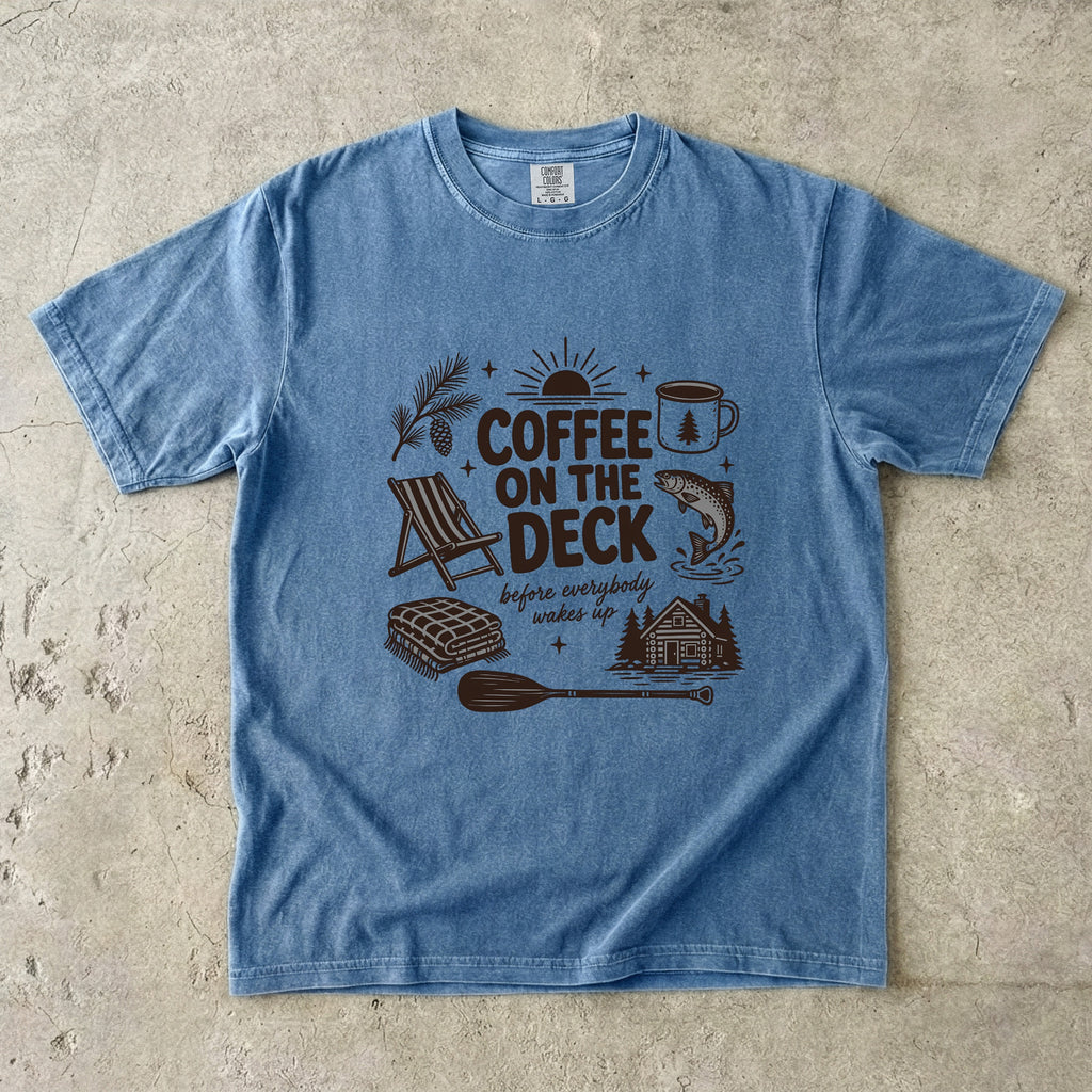 Coffee on the Deck Lake Vacation Shirt in Blue Jean – flat lay