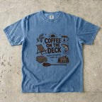 Coffee on the Deck Lake Vacation Shirt in Blue Jean – flat lay