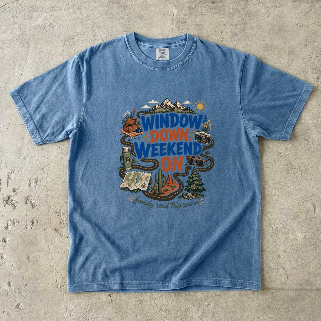 Window Down Weekend On Road Trip Shirt in Blue Jean – flat lay