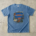 Window Down Weekend On Road Trip Shirt in Blue Jean – flat lay