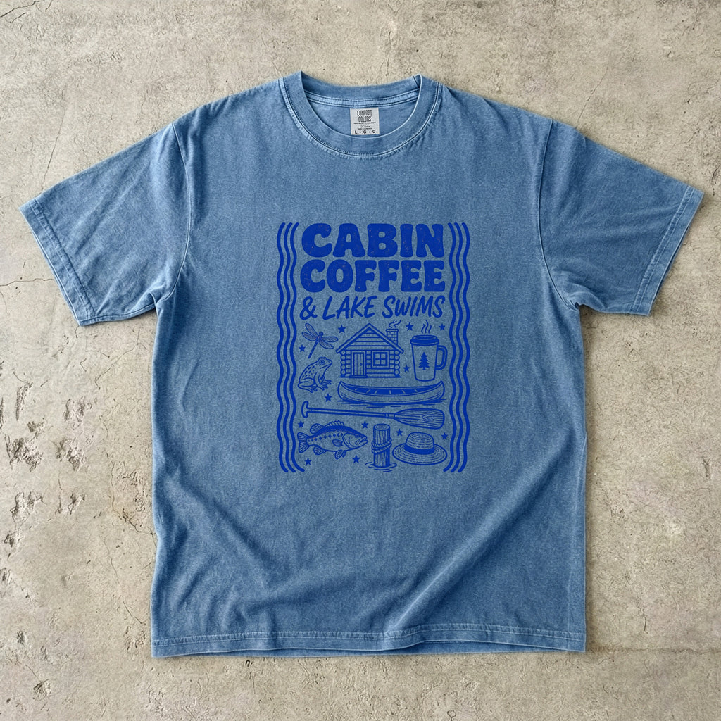 Cabin Coffee and Lake Swims Lake Vacation Shirt in Blue Jean – flat lay