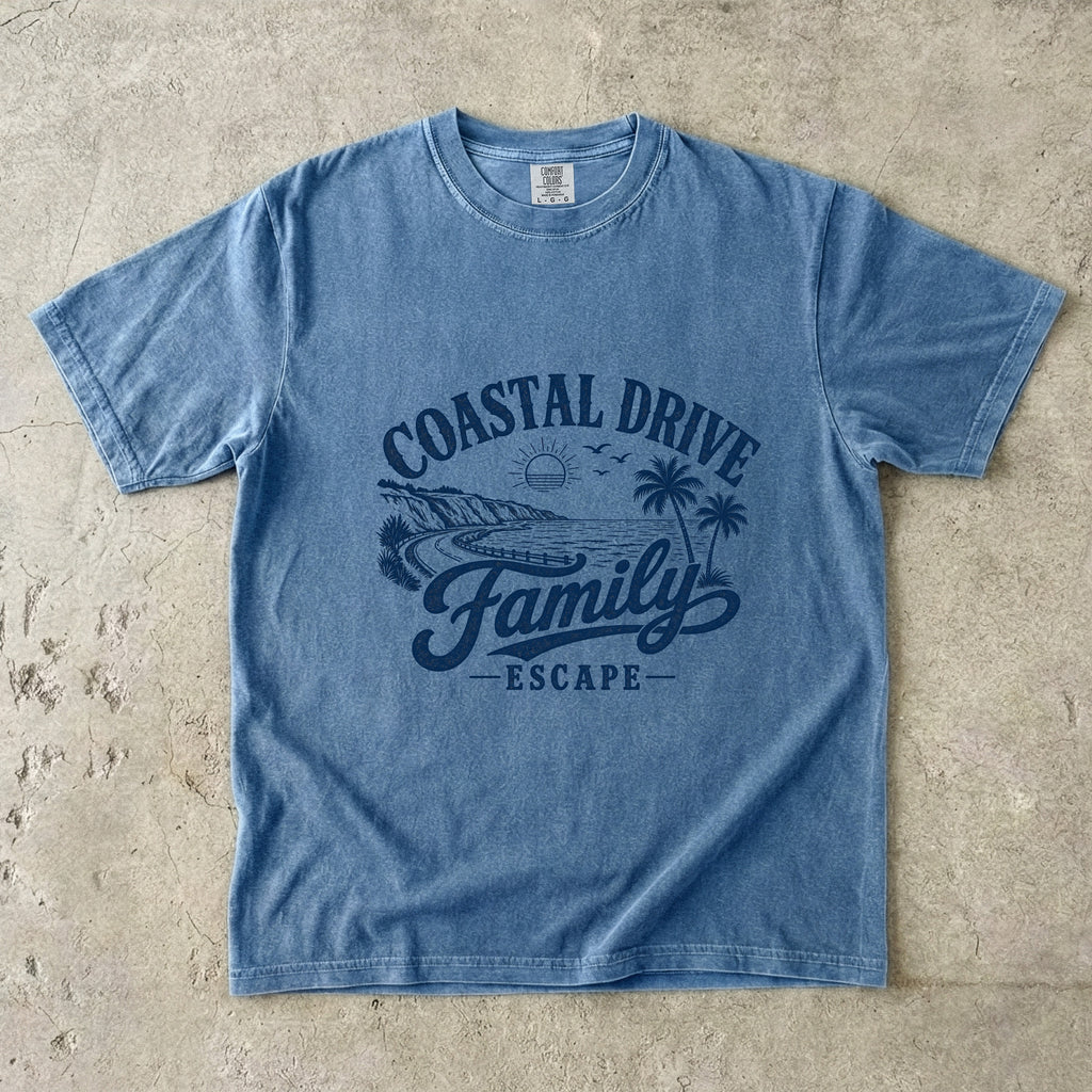 Coastal Drive Family Escape Shirt in Blue Jean – flat lay