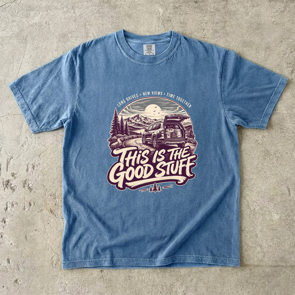 This Is the Good Stuff Road Trip Shirt in Blue Jean – flat lay
