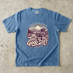This Is the Good Stuff Road Trip Shirt in Blue Jean – flat lay