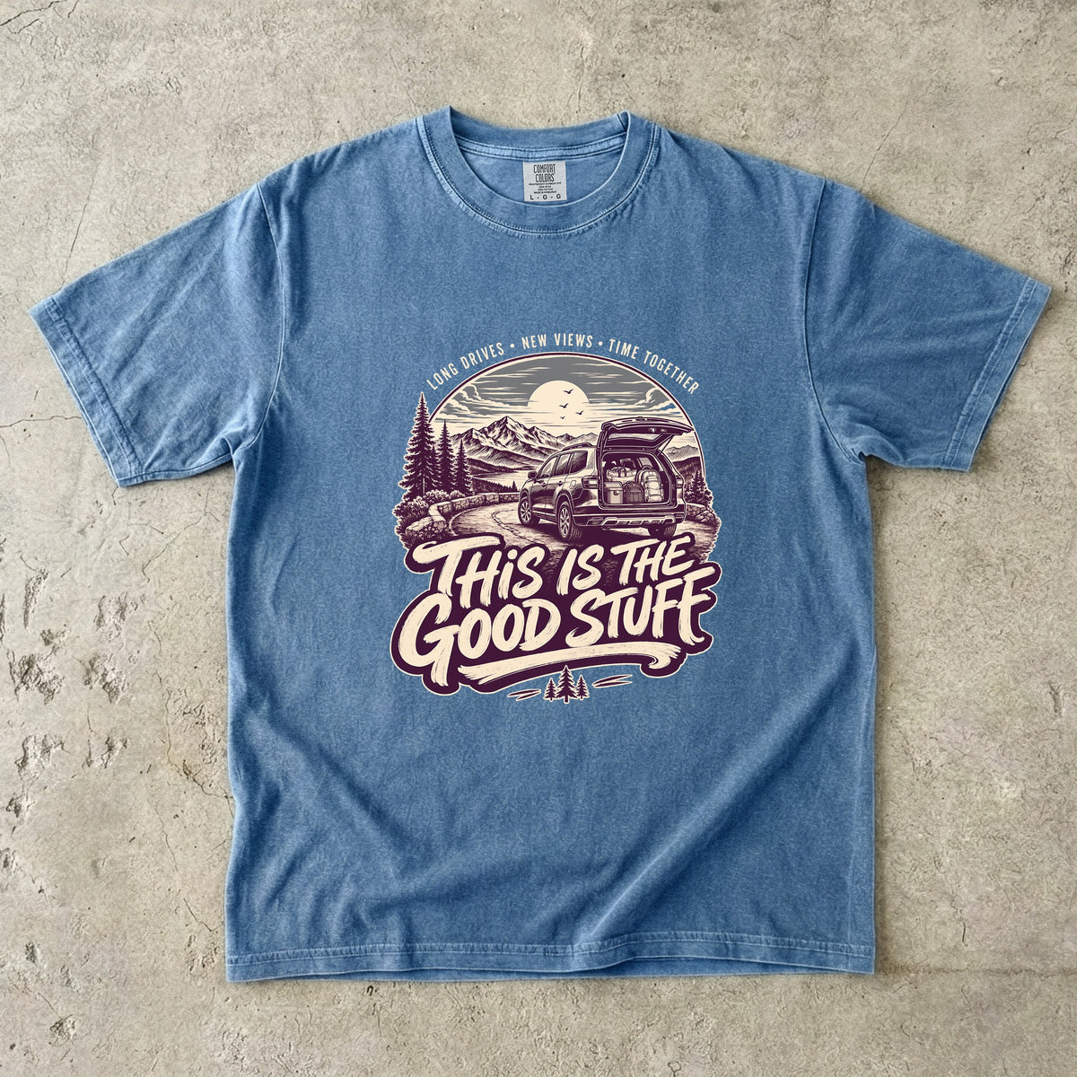 This Is the Good Stuff Road Trip Shirt in Blue Jean – flat lay