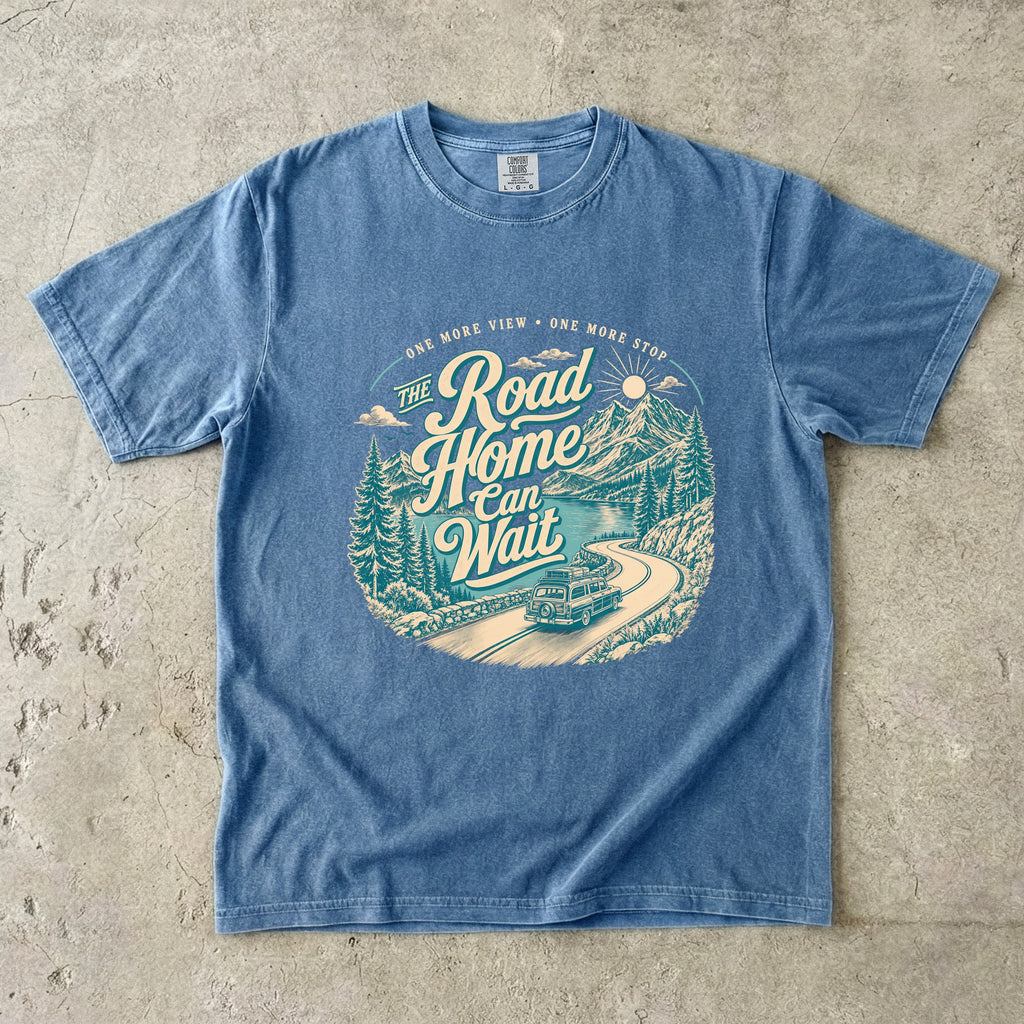 The Road Home Can Wait Road Trip Shirt in Blue Jean – flat lay