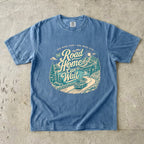 The Road Home Can Wait Road Trip Shirt in Blue Jean – flat lay