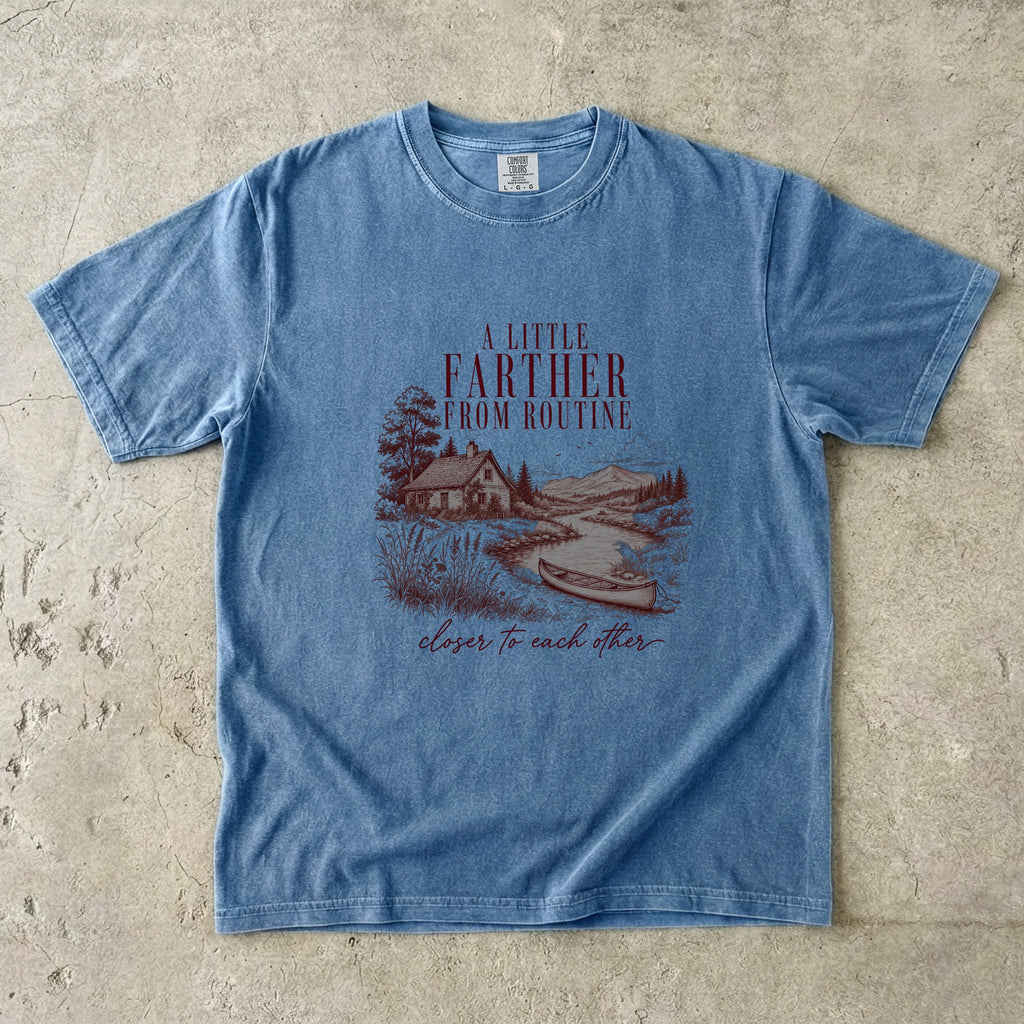 A Little Farther from Routine Family Getaway Shirt in Blue Jean – flat lay