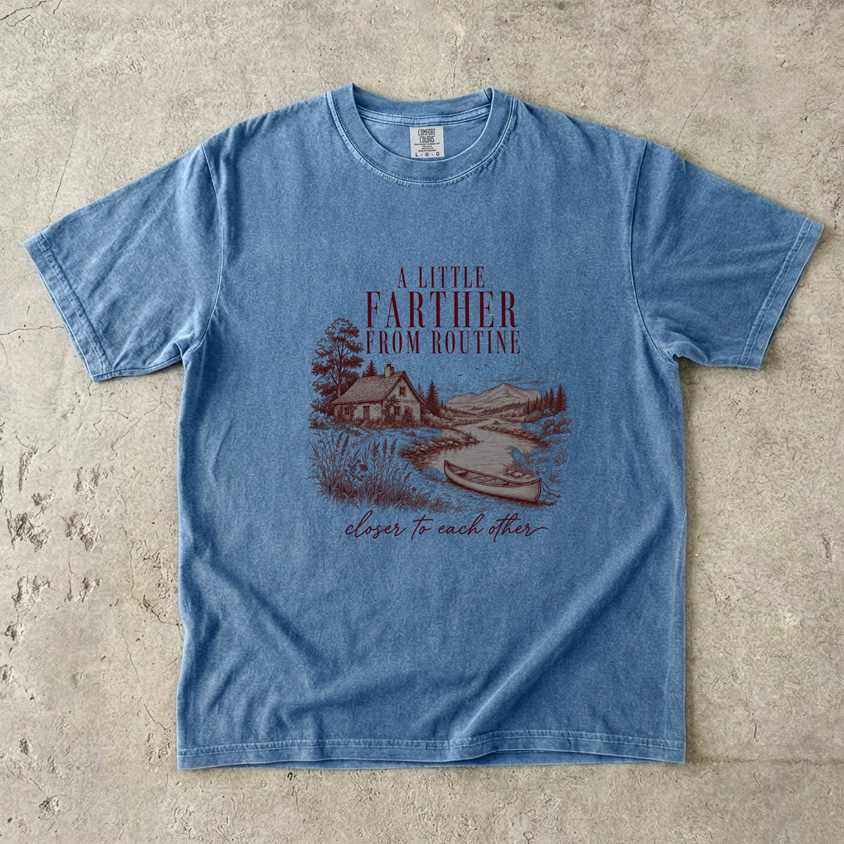 A Little Farther from Routine Family Getaway Shirt in Blue Jean – flat lay