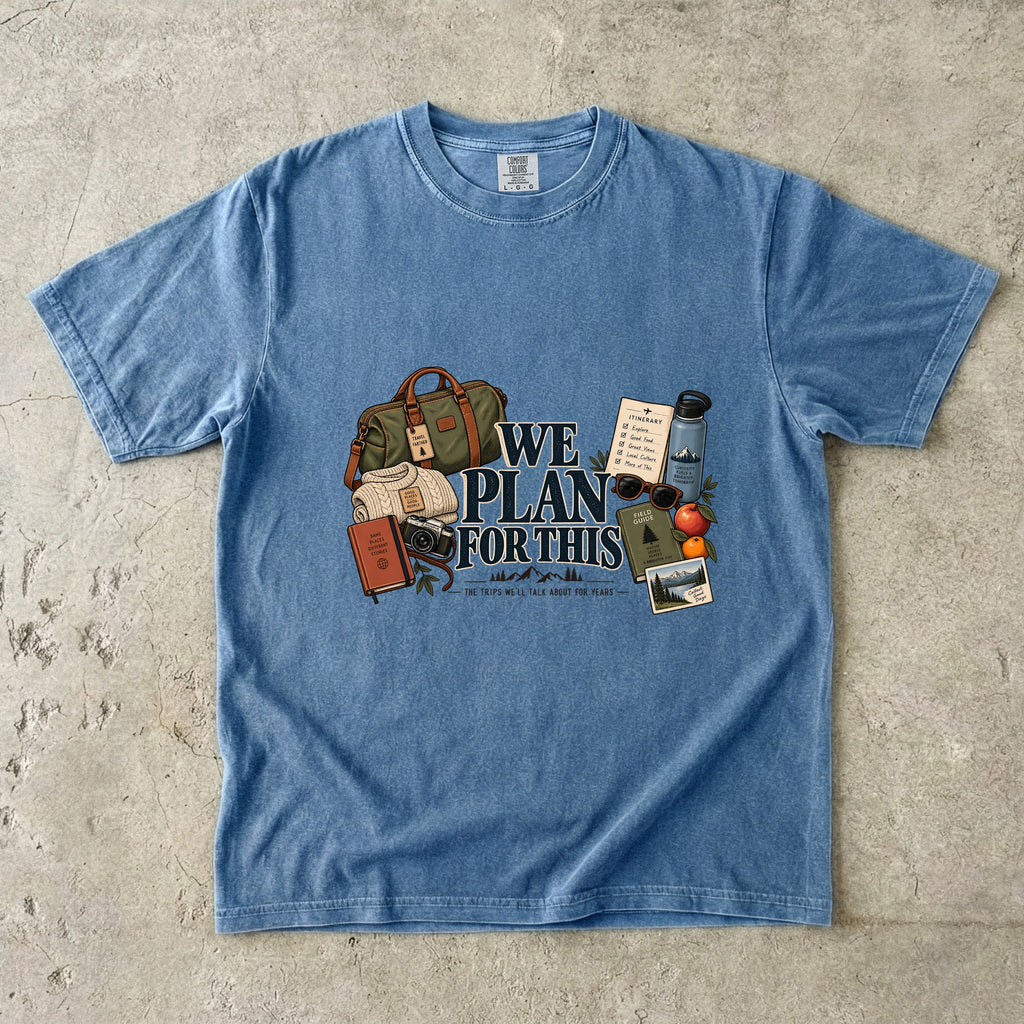 We Plan for This Family Getaway Shirt in Blue Jean – flat lay