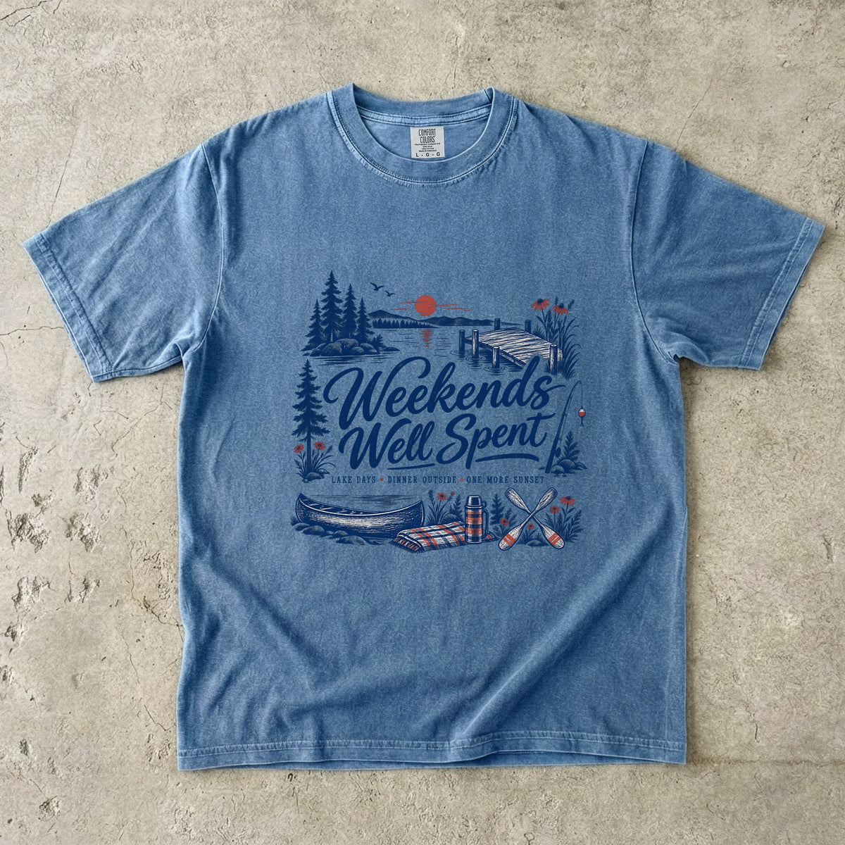 Weekends Well Spent Lake Vacation Shirt in Blue Jean – flat lay