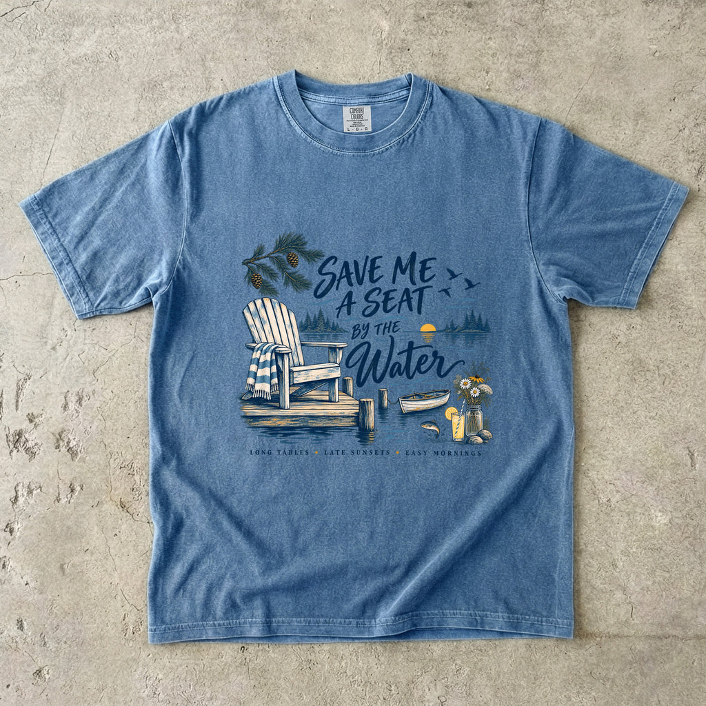 Save Me a Seat by the Water Lake Vacation Shirt in Blue Jean – flat lay