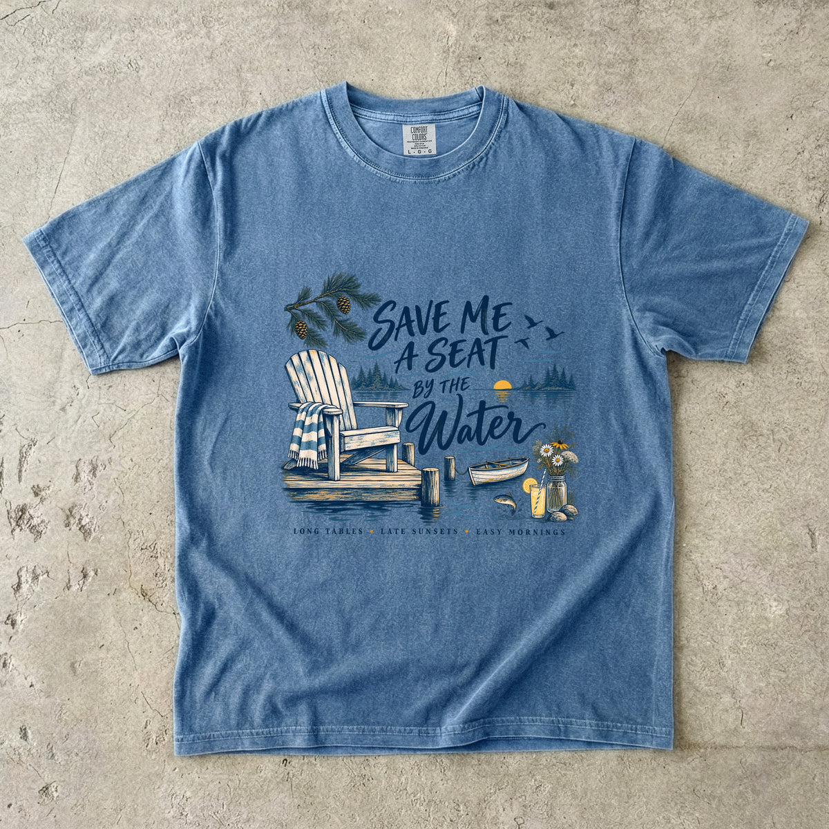 Save Me a Seat by the Water Lake Vacation Shirt in Blue Jean – flat lay