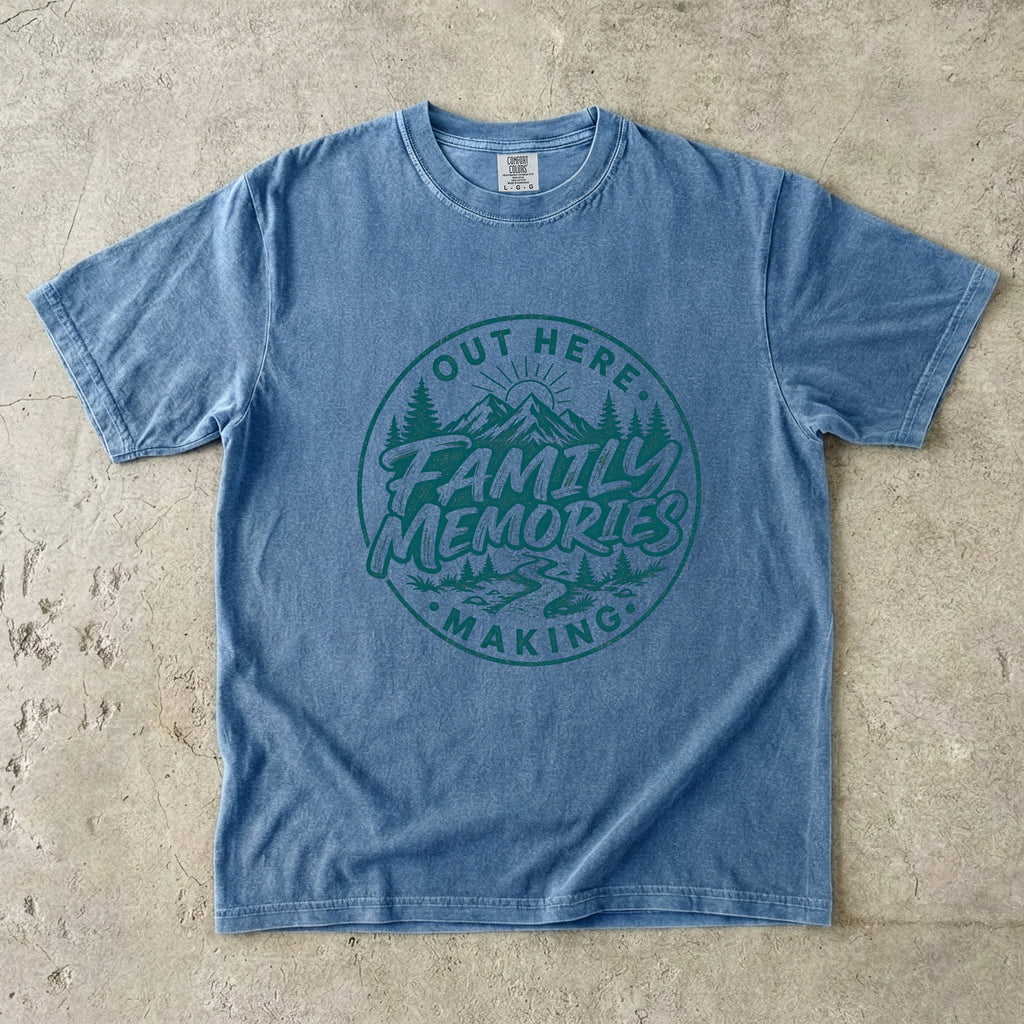 Out Here Making Family Memories Shirt in Blue Jean – flat lay