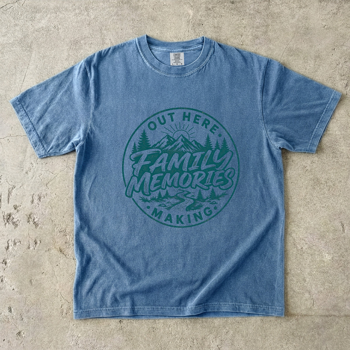 Out Here Making Family Memories Shirt in Blue Jean – flat lay