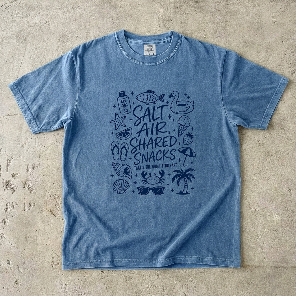 Salt Air Shared Snacks Beach Vacation Shirt in Blue Jean – flat lay