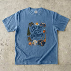 See You After the Next Getaway Family Travel Shirt in Blue Jean – flat lay