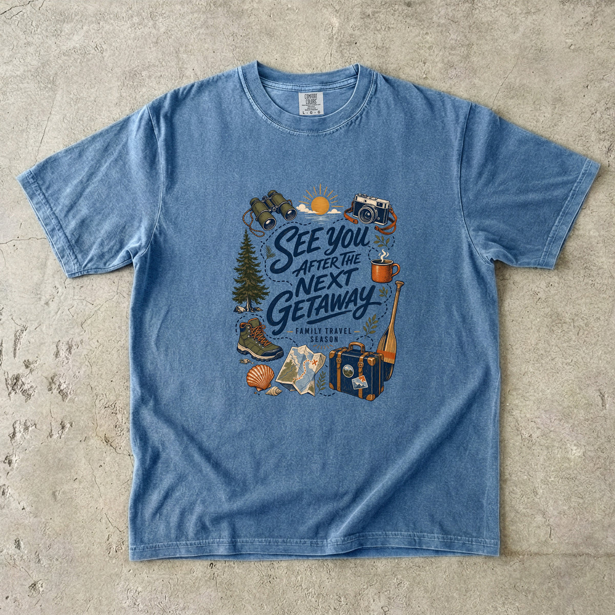 See You After the Next Getaway Family Travel Shirt in Blue Jean – flat lay