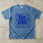 Dock Days Dinner Outside Lake Vacation Shirt in Blue Jean – flat lay