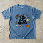 The Good Stuff Happens Off Route Road Trip Shirt in Blue Jean – flat lay