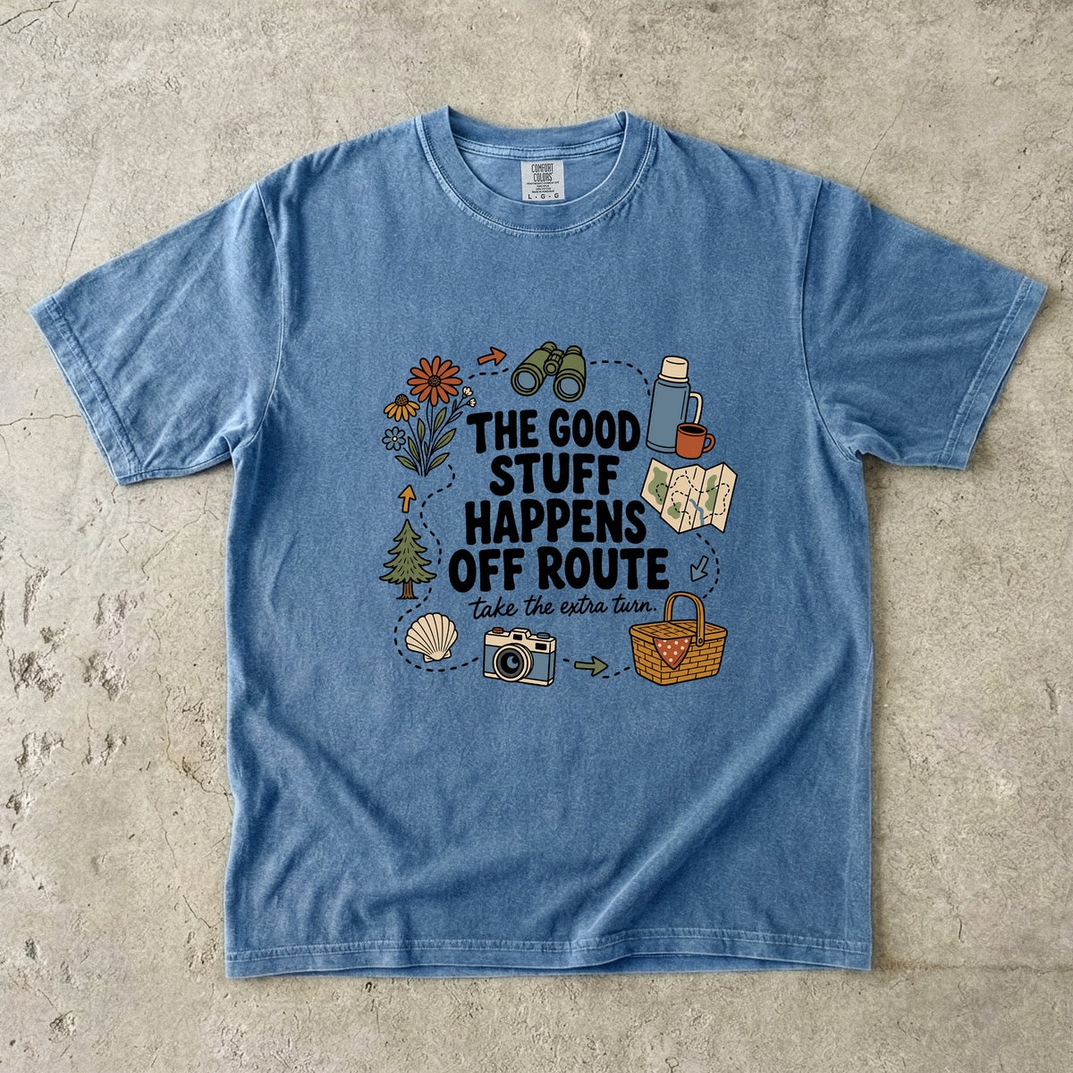 The Good Stuff Happens Off Route Road Trip Shirt in Blue Jean – flat lay
