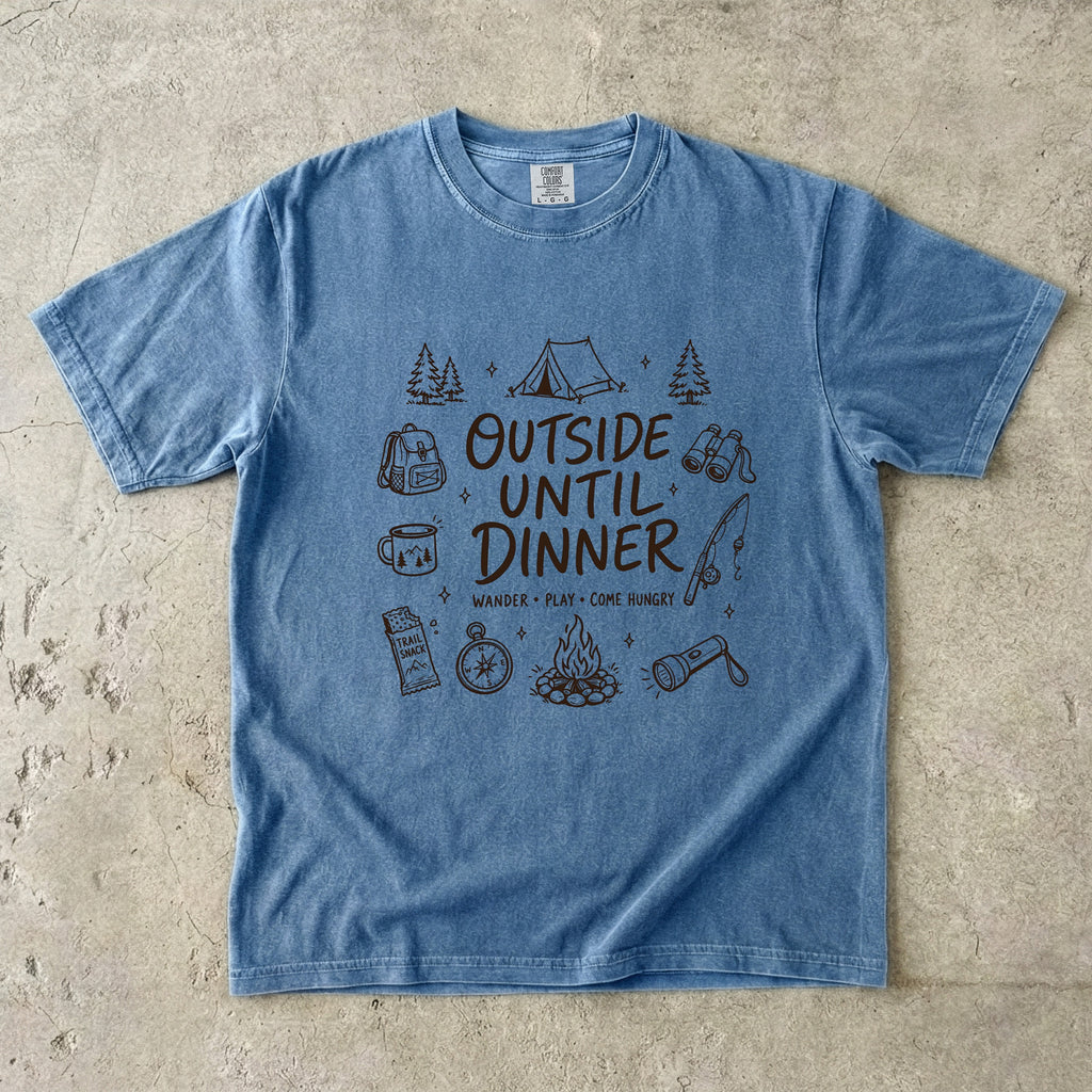 Outside Until Dinner Camping Shirt in Blue Jean – flat lay