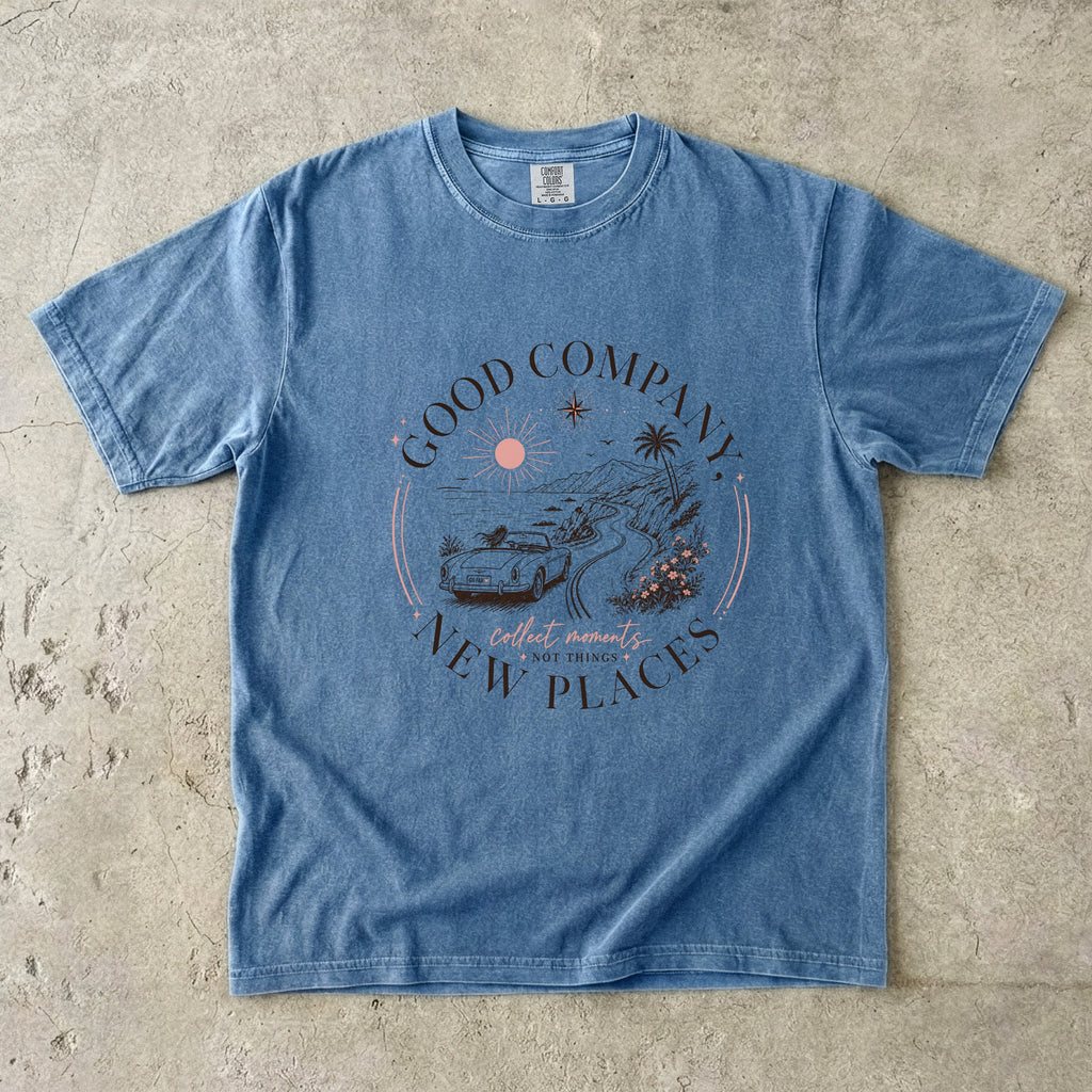 Good Company New Places Girls Trip Shirt in Blue Jean – flat lay
