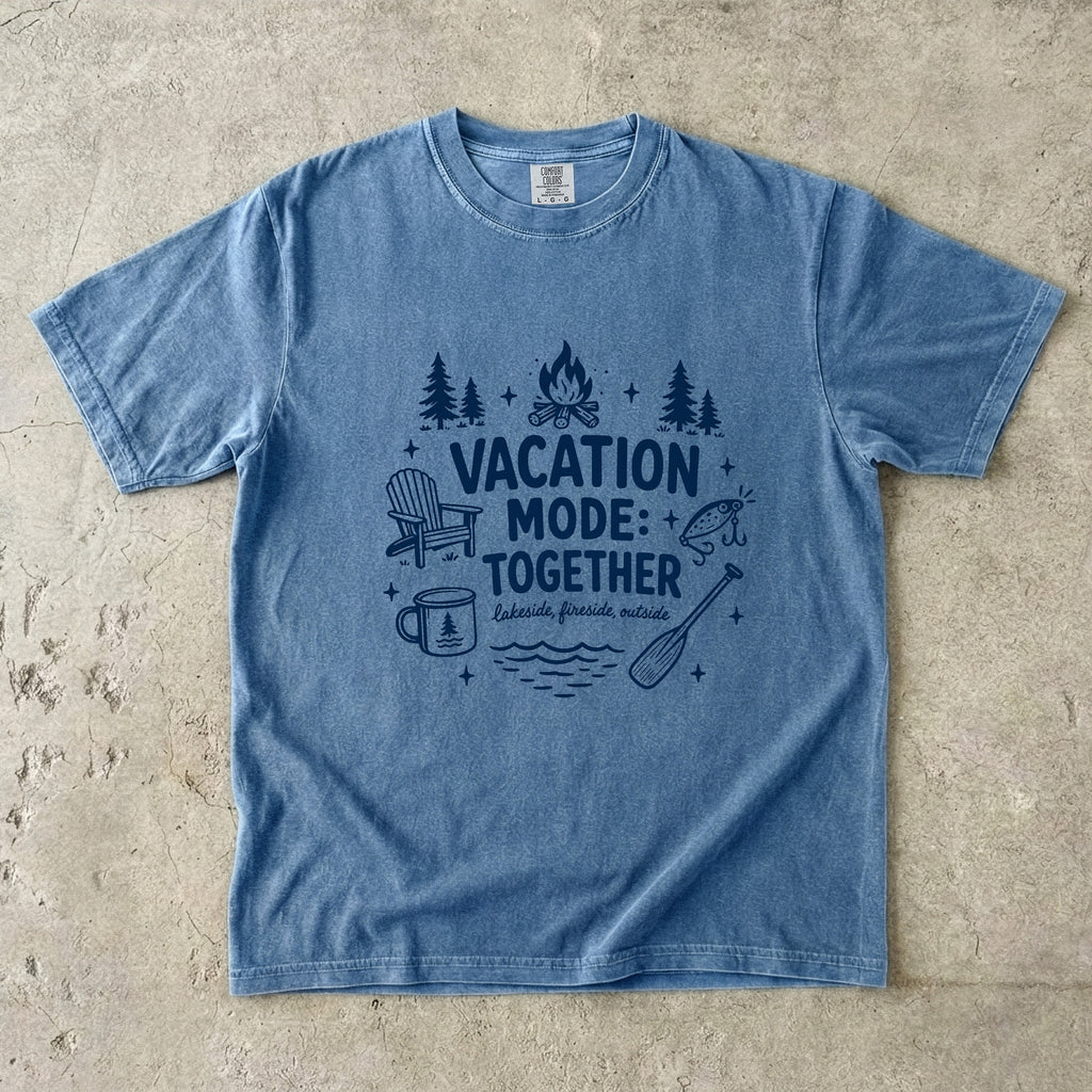 Vacation Mode Together Lake Vacation Shirt in Blue Jean – flat lay