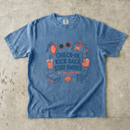 Check-In Kick Back Stay Awhile Family Getaway Shirt in Blue Jean – flat lay