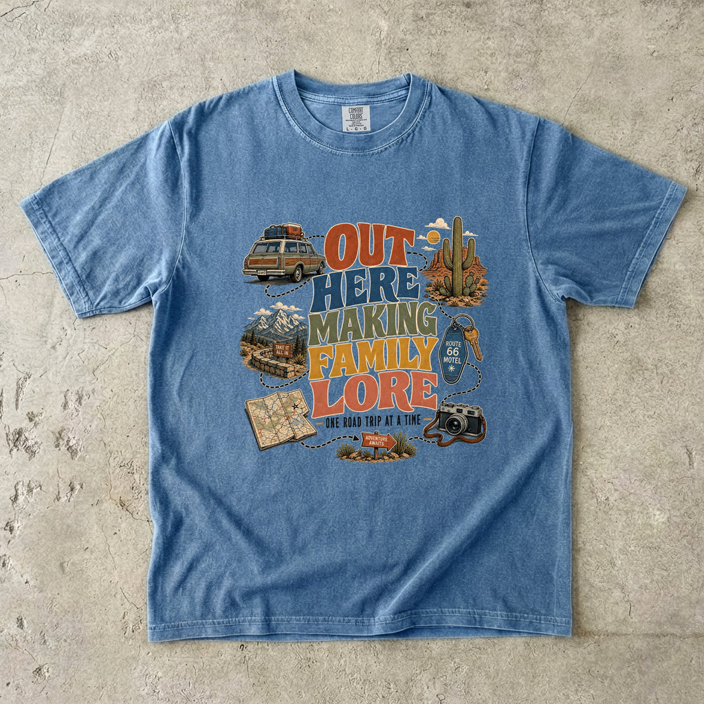 Out Here Making Family Lore Road Trip Shirt in Blue Jean – flat lay