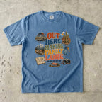 Out Here Making Family Lore Road Trip Shirt in Blue Jean – flat lay