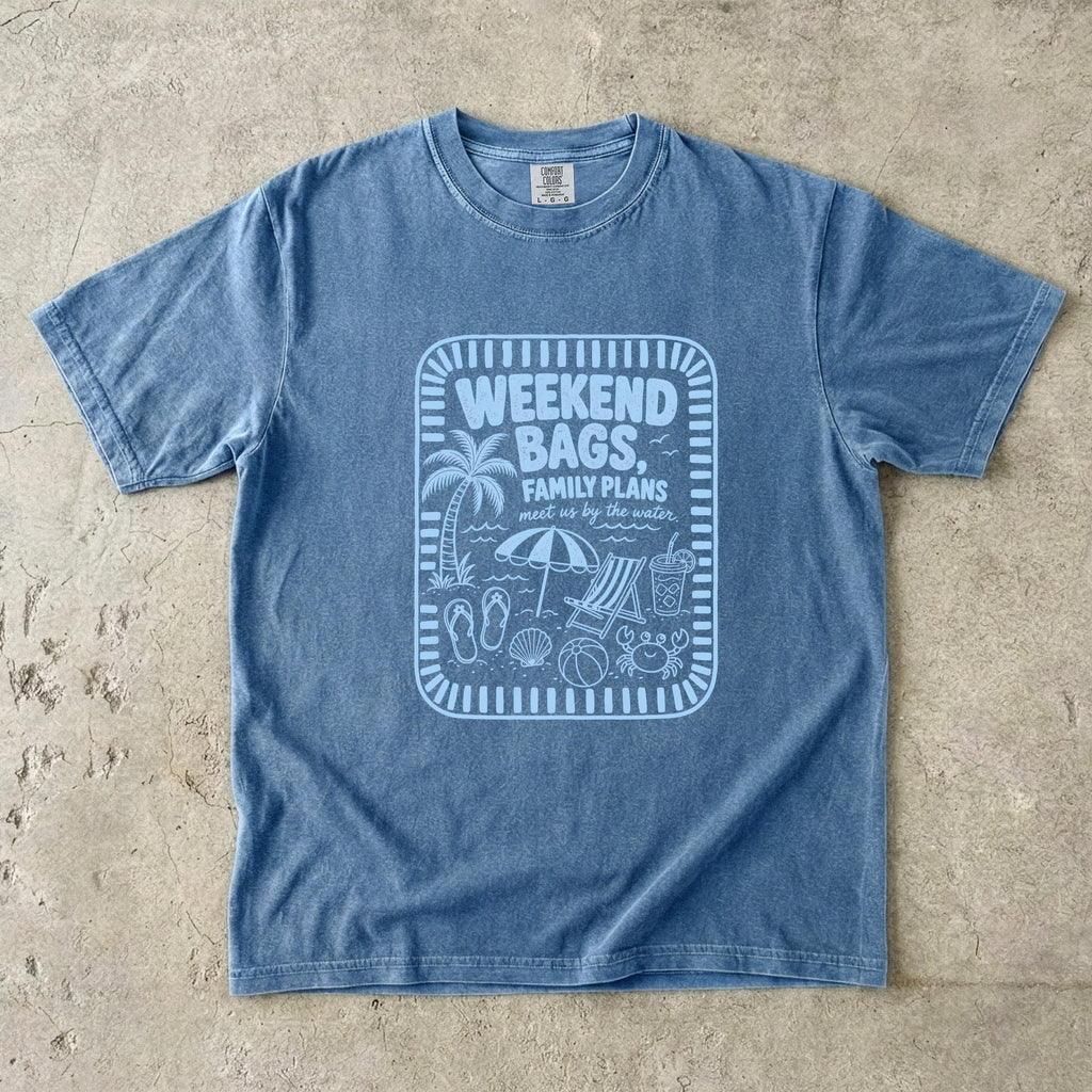 Weekend Bags Family Plans Beach Vacation Shirt in Blue Jean – flat lay