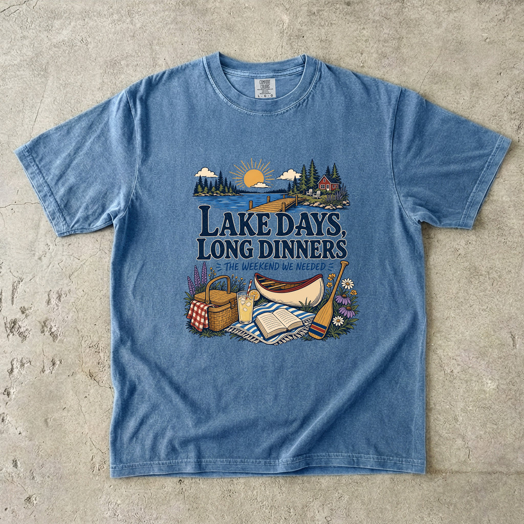 Lake Days Long Dinners Lake Vacation Shirt in Blue Jean – flat lay