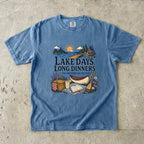 Lake Days Long Dinners Lake Vacation Shirt in Blue Jean – flat lay