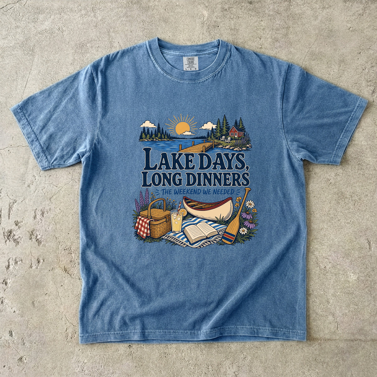 Lake Days Long Dinners Lake Vacation Shirt in Blue Jean – flat lay