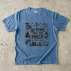 No Plans Past the Porch Cabin Weekend Shirt in Blue Jean – flat lay