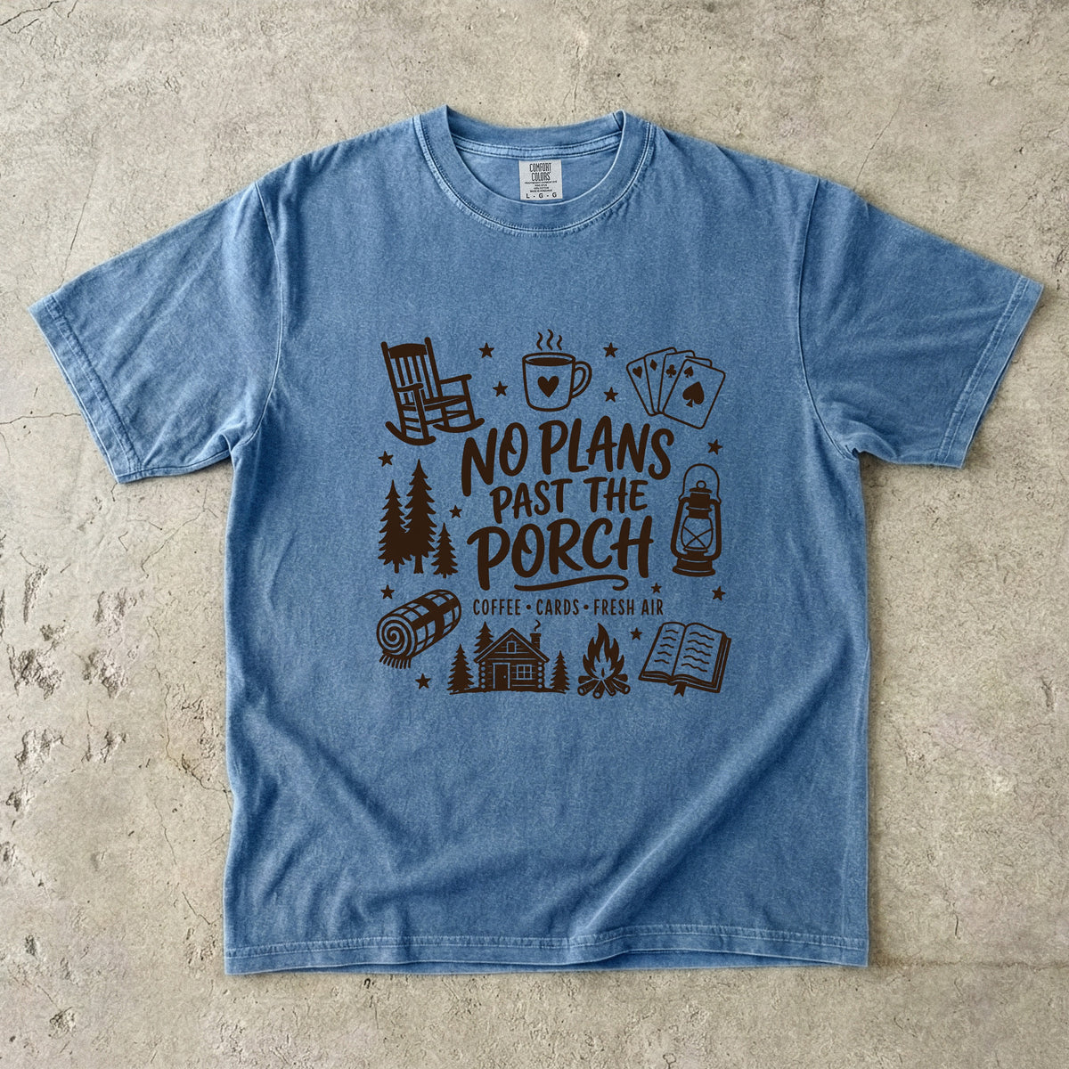 No Plans Past the Porch Cabin Weekend Shirt in Blue Jean – flat lay