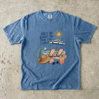 Meet Me Where the Days Feel Longer Beach Vacation Shirt in Blue Jean – flat lay
