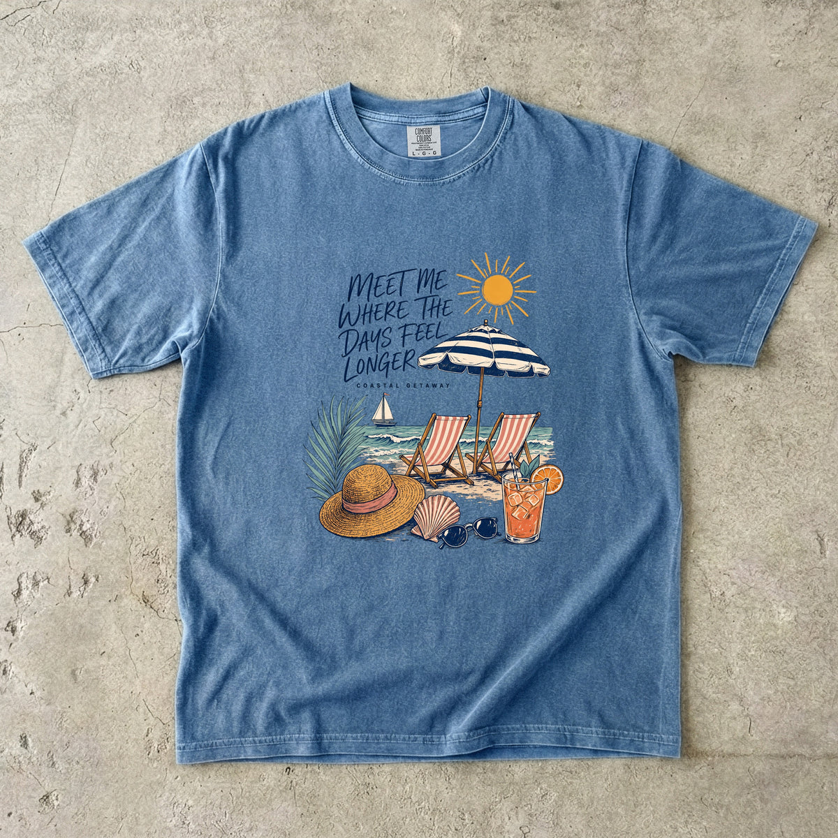 Meet Me Where the Days Feel Longer Beach Vacation Shirt in Blue Jean – flat lay