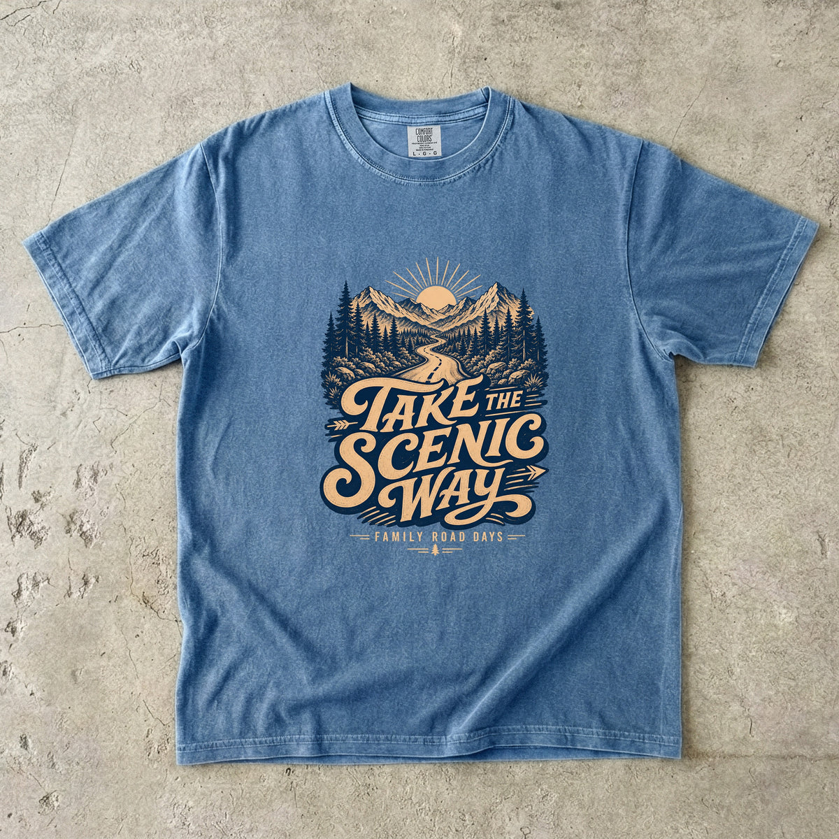 Take the Scenic Way Road Trip Shirt in Blue Jean – flat lay