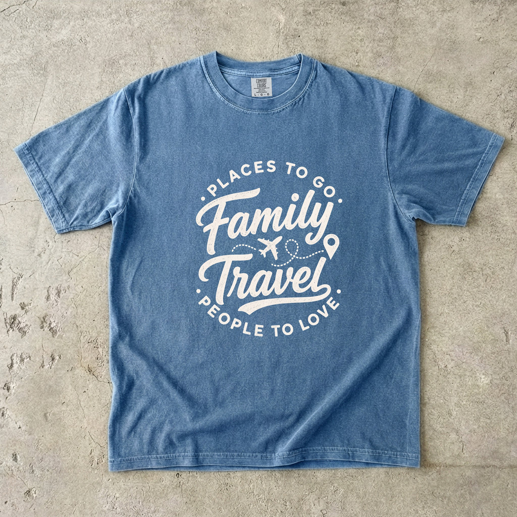 Family Travel Places to Go People to Love Shirt in Blue Jean – flat lay