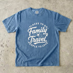 Family Travel Places to Go People to Love Shirt in Blue Jean – flat lay