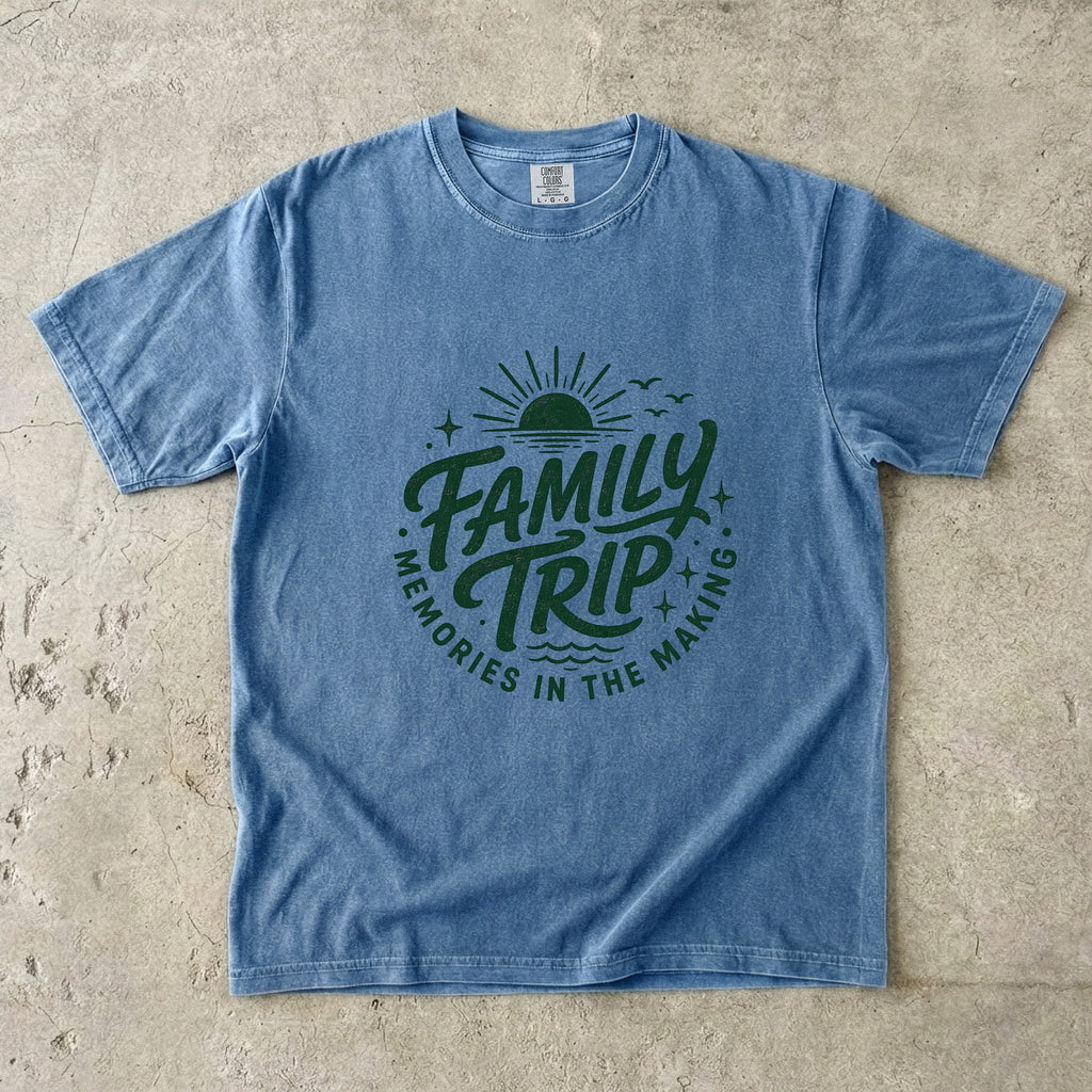 Family Trip Memories in the Making Shirt in Blue Jean – flat lay