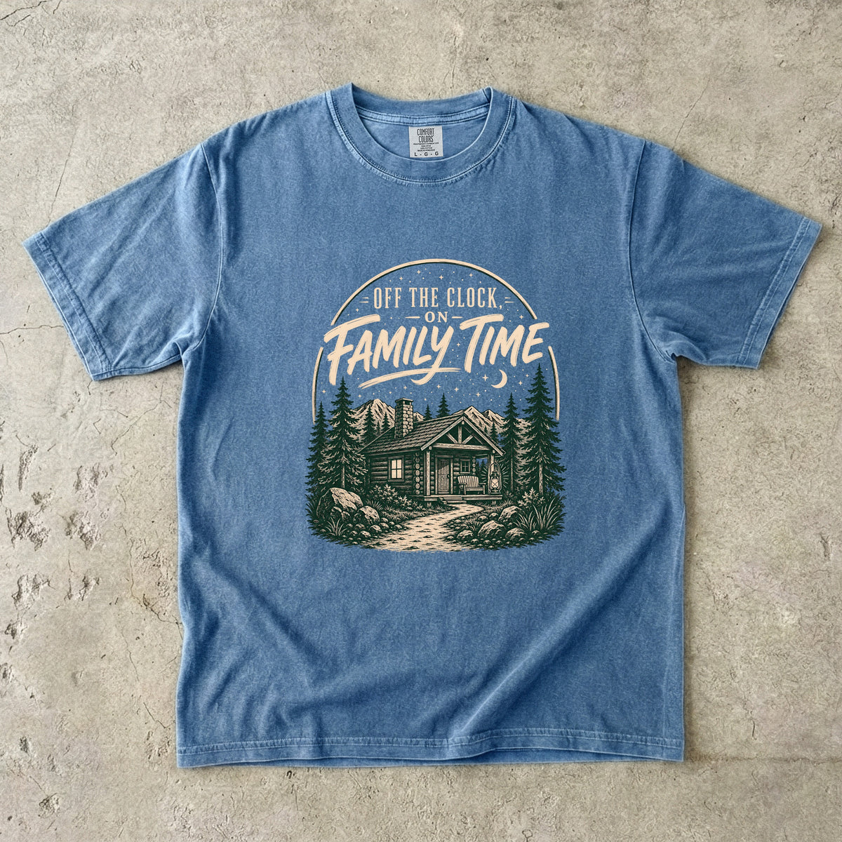 Off the Clock on Family Time Cabin Weekend Shirt in Blue Jean – flat lay